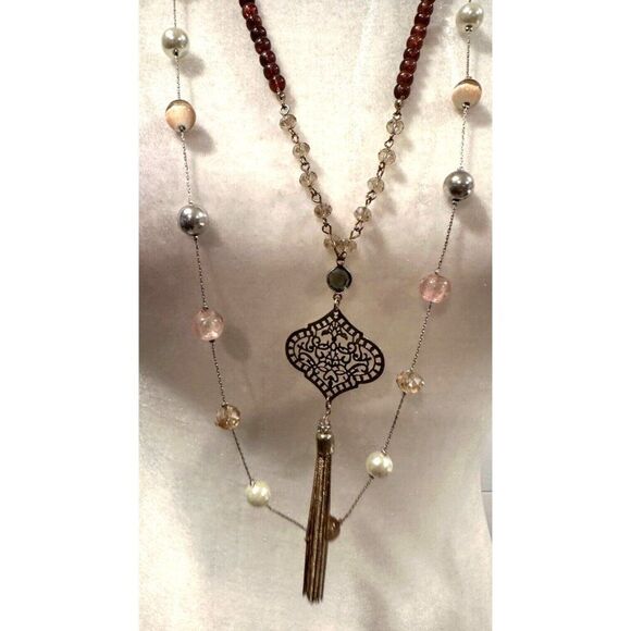 The Loft Beaded Brown Neutral Layered Necklace NEW Boho - Picture 5 of 5